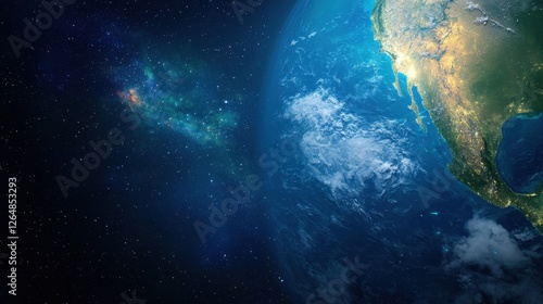 Aerial view of the earth from space showcasing continents and oceans with a dark background