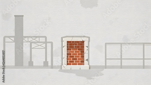 Industrial Action Demolition of Brick Wall and Metal Structures Urban Environment Digital Illustration High-Contrast Viewpoint Conceptual Representation of Urban Decay photo