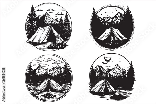 Minimalist Camping Logo Set Vector Line Art Illustrations Outdoor Adventure Camping Logo Set in Clean Line Art Style Modern Camping Logo Vector Pack Outline and Line Art Designs