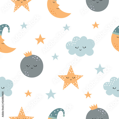 Seamless pattern with moons stars and clouds
