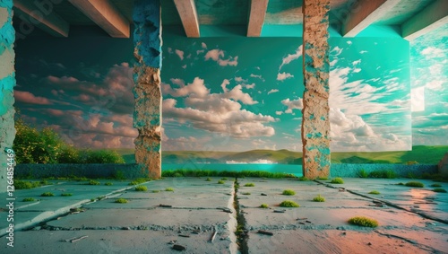 Abandoned architectural interior with weathered columns and dramatic clouds in the background featuring vibrant colors and natural overgrowth Copy Space photo