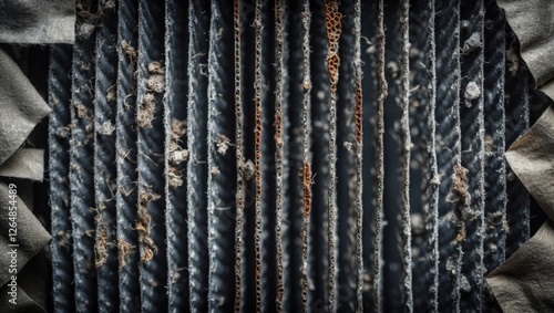 Close-up view of dirty air filter showing dust, debris, and grime buildup with textured layers and dark background Copy Space photo