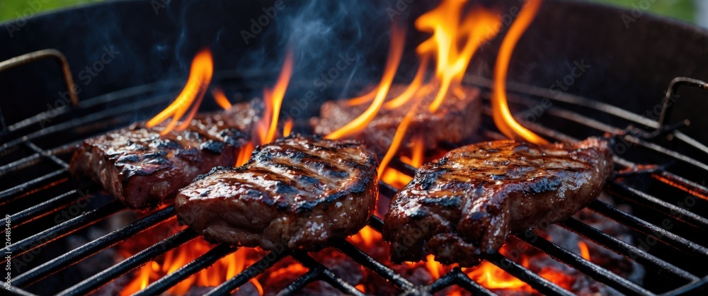Grilled steaks on a barbecue grill with flames and smoke in a backyard setting Copy Space Grilled steaks on a barbecue grill with flames and smoke in a backyard setting Copy Space