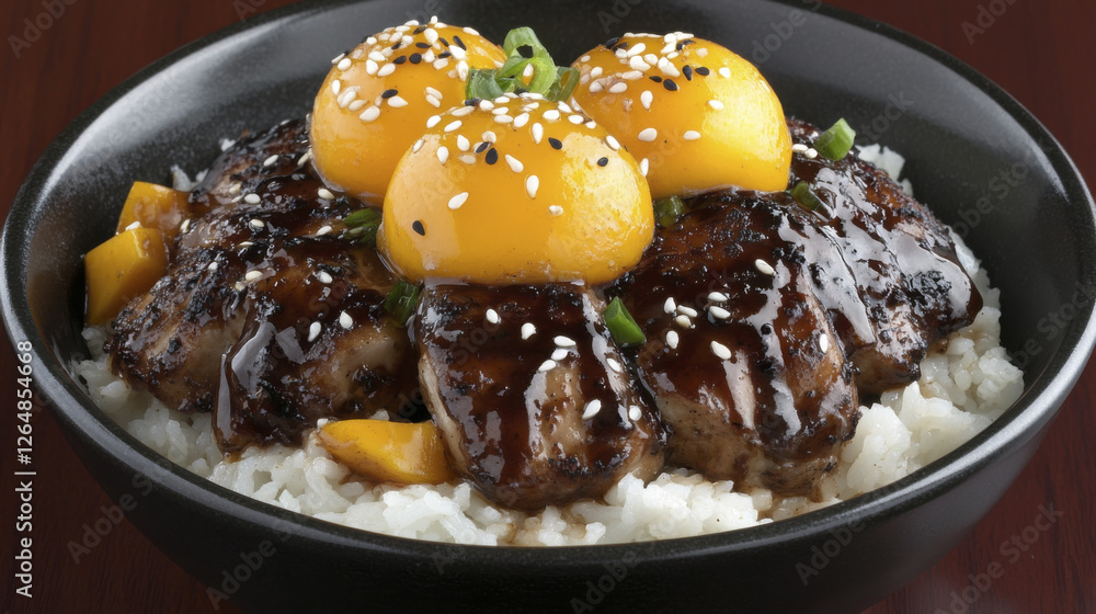 Delicious grilled chicken served over rice, topped with egg yolks and sesame seeds, creating savory and rich dish Delicious grilled chicken served over rice, topped with egg yolks and sesame seeds, creating savory and rich dish