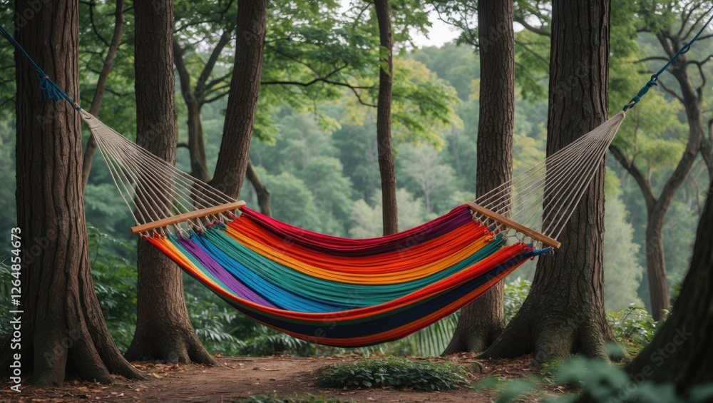 Colorful hammock suspended between tall trees in a serene forest setting with lush greenery surrounding it, ideal for relaxation and leisure. Colorful hammock suspended between tall trees in a serene forest setting with lush greenery surrounding it, ideal for relaxation and leisure.