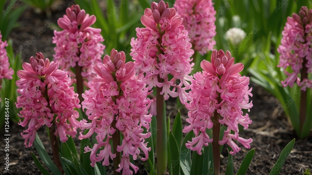 Obraz premium Pink hyacinth flowers blooming in a garden setting with green leaves and soft sunlight Copy Space