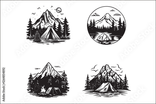 Minimalist Camping Logo Set Vector Line Art Illustrations Outdoor Adventure Camping Logo Set in Clean Line Art Style Modern Camping Logo Vector Pack Outline and Line Art Designs
