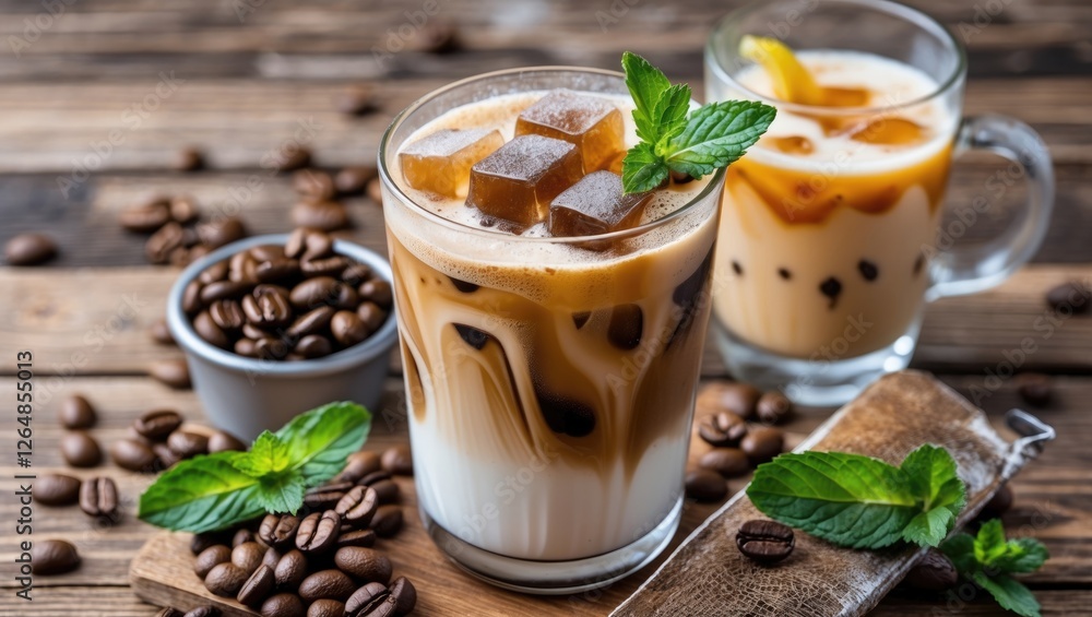 Iced coffee drinks with milk, coffee beans, mint leaves on wooden table, refreshment beverage, Copy Space Iced coffee drinks with milk, coffee beans, mint leaves on wooden table, refreshment beverage, Copy Space