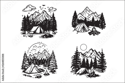 Minimalist Camping Logo Set Vector Line Art Illustrations Outdoor Adventure Camping Logo Set in Clean Line Art Style Modern Camping Logo Vector Pack Outline and Line Art Designs