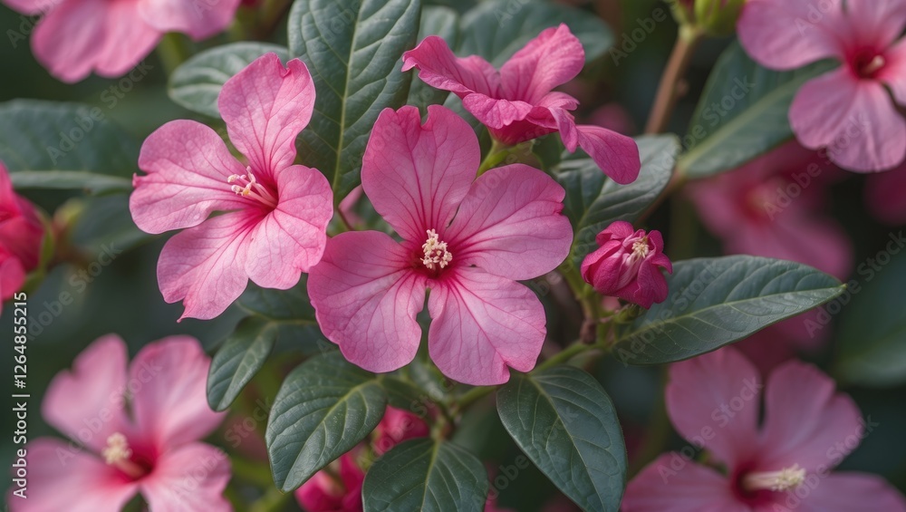 Pink tropical flowers with green leaves in soft sunlight creating a natural botanical background Copy Space Pink tropical flowers with green leaves in soft sunlight creating a natural botanical background Copy Space
