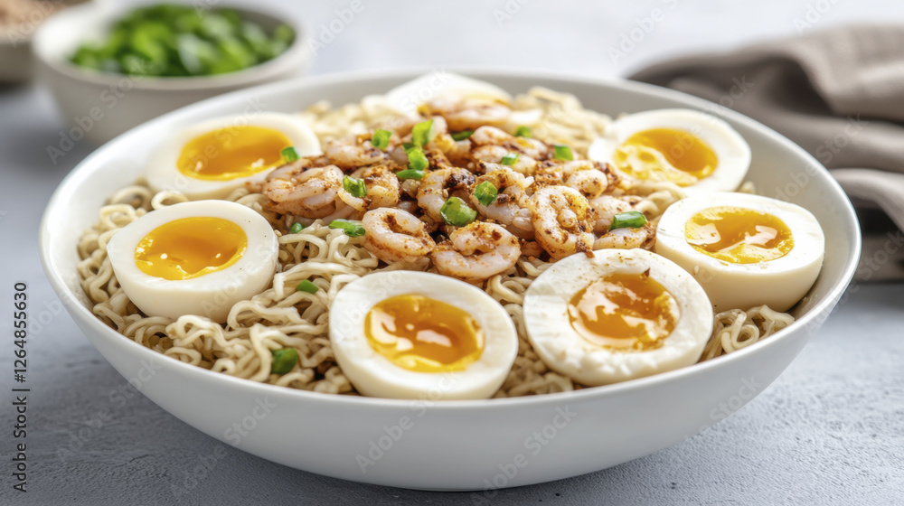 Delicious bowl of noodles topped with shrimp and soft boiled eggs, garnished with green onions, perfect for comforting meal Delicious bowl of noodles topped with shrimp and soft boiled eggs, garnished with green onions, perfect for comforting meal