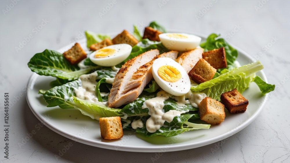 Grilled chicken salad with boiled eggs, romaine lettuce, croutons, and creamy dressing on a white plate with soft natural lighting Copy Space Grilled chicken salad with boiled eggs, romaine lettuce, croutons, and creamy dressing on a white plate with soft natural lighting Copy Space