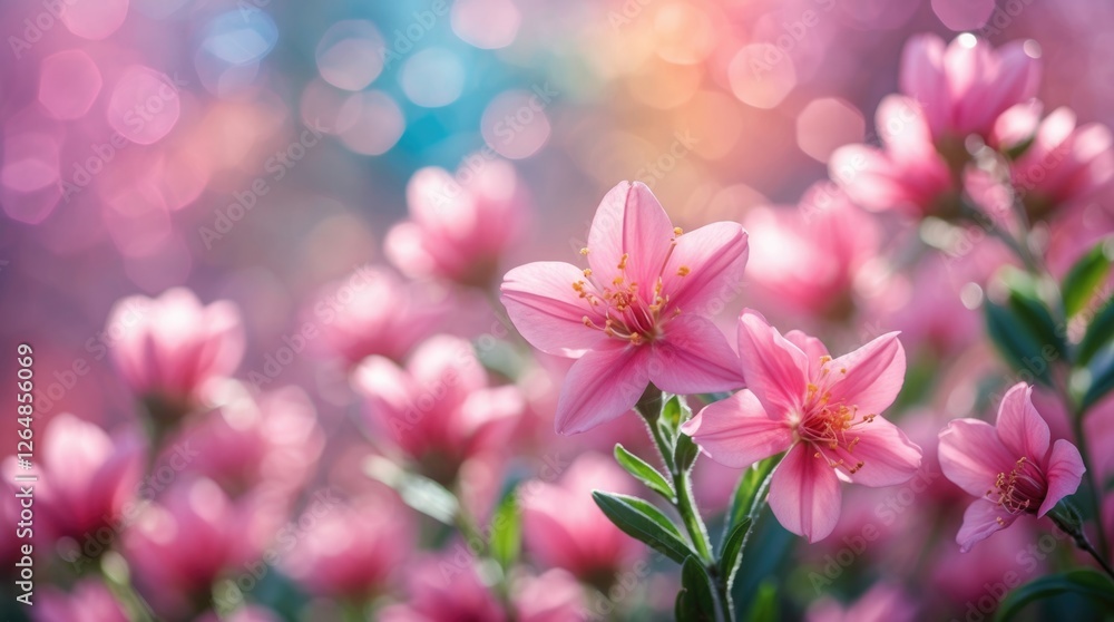 Close-up of blooming pink flowers with colorful bokeh background natural light soft focus Copy Space Close-up of blooming pink flowers with colorful bokeh background natural light soft focus Copy Space