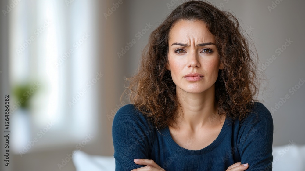 Portrait of a distressed middle aged woman with curly hair clutching her right abdomen in a gesture of discomfort and pain She has a pensive worried expression on her face Portrait of a distressed middle aged woman with curly hair clutching her right abdomen in a gesture of discomfort and pain She has a pensive worried expression on her face