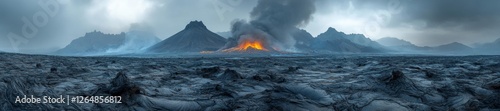 Volcanic Eruption and Lava Flowing Across the Landscape. Generative AI photo