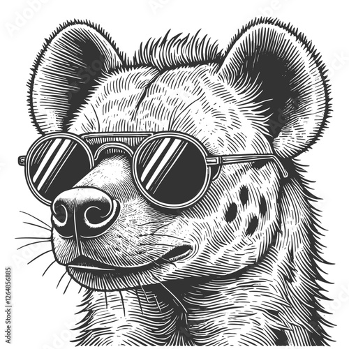 stylish hyena wearing sunglasses, blending humor and wildlife with a detailed vintage illustration aesthetic sketch engraving generative ai vector illustration. Scratch board. Black and white image.