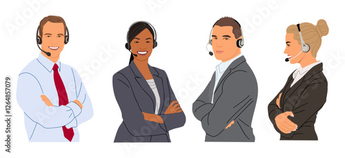 Call center, hotline, customer service representatives with headset vector realistic illustrations isolated. Technical support department workers, telemarketing agents. Multiethnic diverse team.