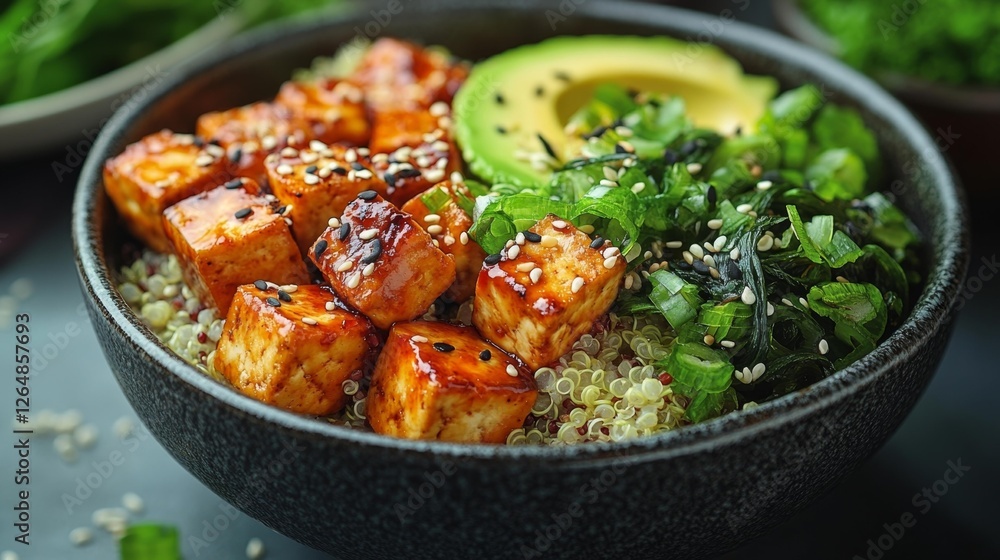 Delicious Vegan Tofu And Quinoa Bowl With Avocado. Generative AI Delicious Vegan Tofu And Quinoa Bowl With Avocado. Generative AI