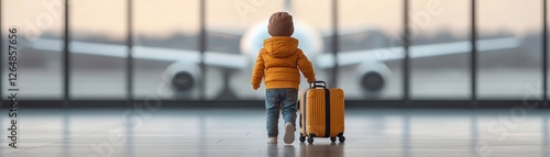 Young child pulling small suitcase through airport terminal during travel journey or vacation with airplane in background and anticipation of upcoming adventure or holiday