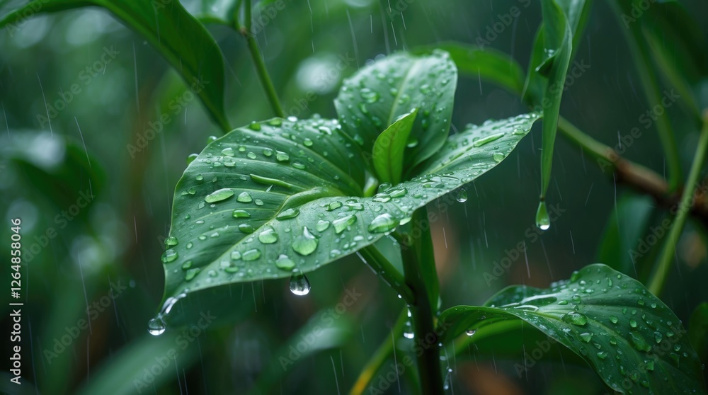 Close-up of green leaf with water droplets in rain with blurred green background Copy Space Close-up of green leaf with water droplets in rain with blurred green background Copy Space
