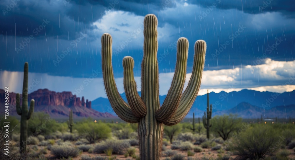 Cactus in Desert Landscape Under Rainy Sky with Mountains in Background Copy Space Cactus in Desert Landscape Under Rainy Sky with Mountains in Background Copy Space
