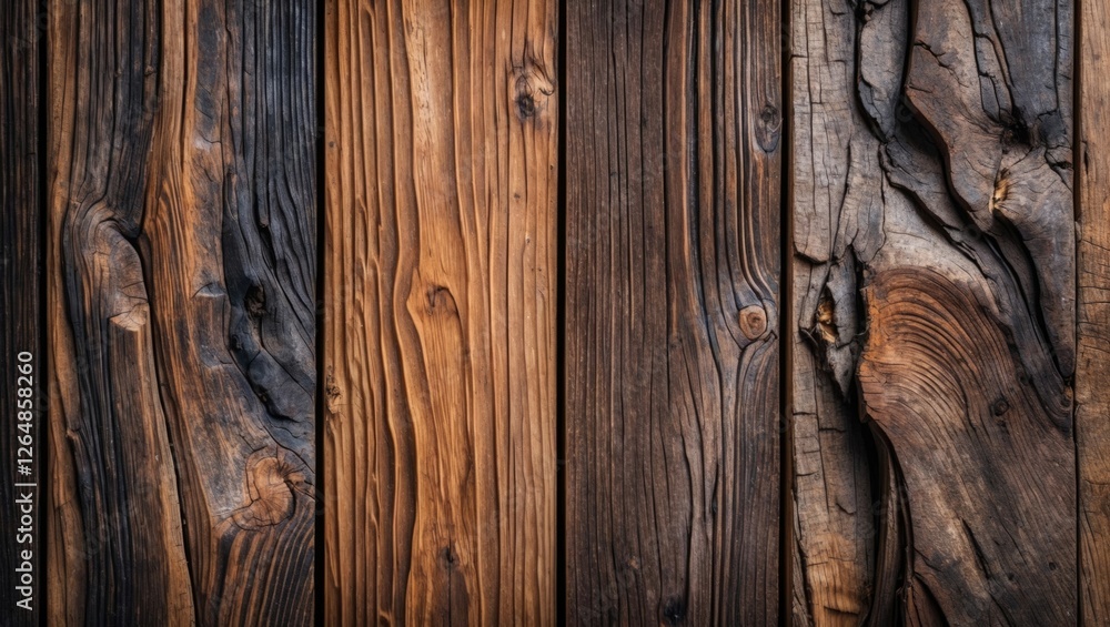 Obraz premium Detailed close-up of textured wooden planks with varying shades of brown and black emphasizing natural patterns and grain Copy Space