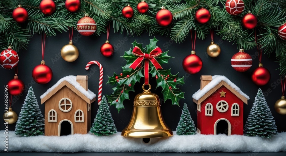 Christmas decorations featuring wooden houses, a golden bell, holly, and ornaments on a dark background with Copy Space