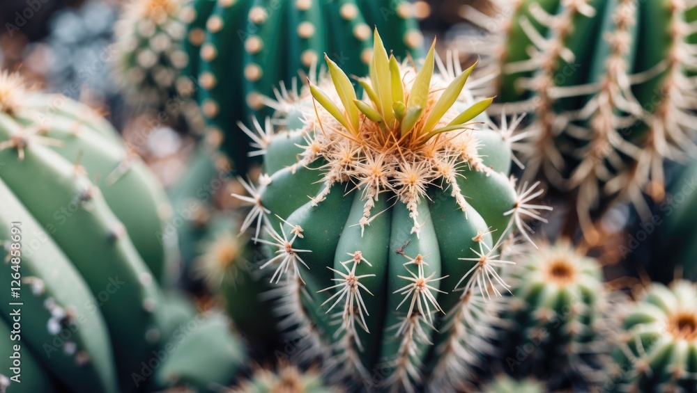 Close-up of a green cactus with spines and new growth in a natural setting with blurred background and space for text Close-up of a green cactus with spines and new growth in a natural setting with blurred background and space for text
