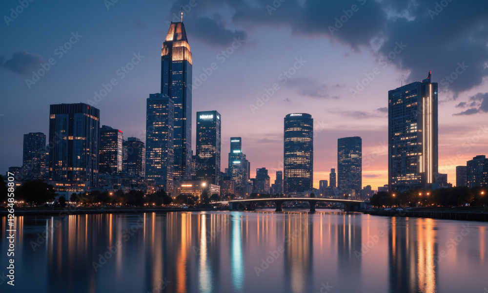 Obraz premium Urban skyline reflected in still water, twilight colors, long exposure effect, symmetrical composition
