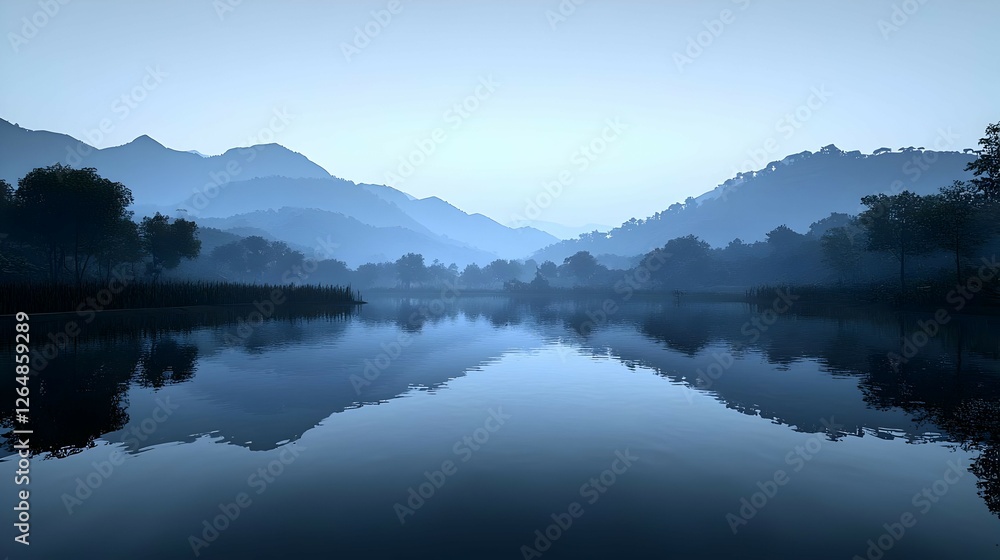 Serene Blue Lake Reflecting Misty Mountains at Dawn Serene Blue Lake Reflecting Misty Mountains at Dawn