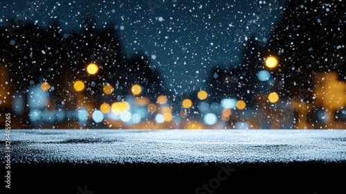 Snow covered street at night with streetlights and silent winter atmosphere