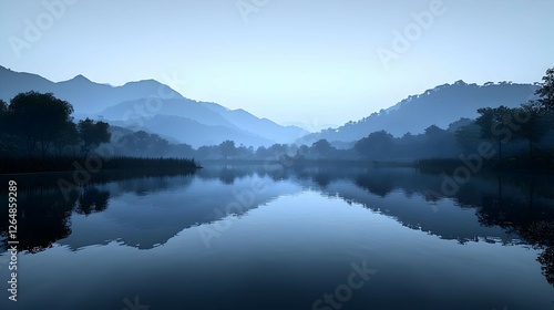 Serene Blue Lake Reflecting Misty Mountains at Dawn