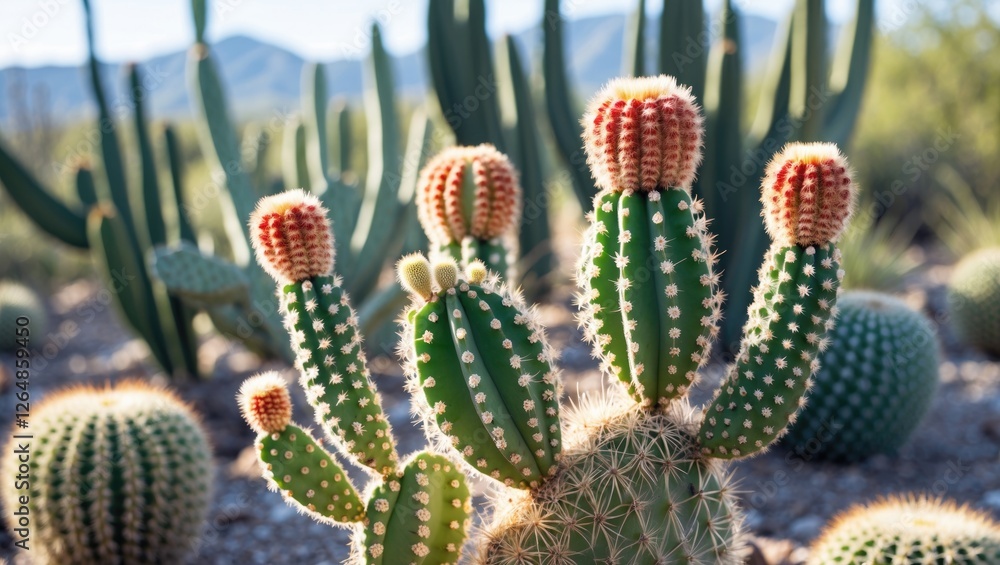 Cacti with vibrant red blooms and spiky green stems in a desert landscape with mountains in the background Copy Space Cacti with vibrant red blooms and spiky green stems in a desert landscape with mountains in the background Copy Space