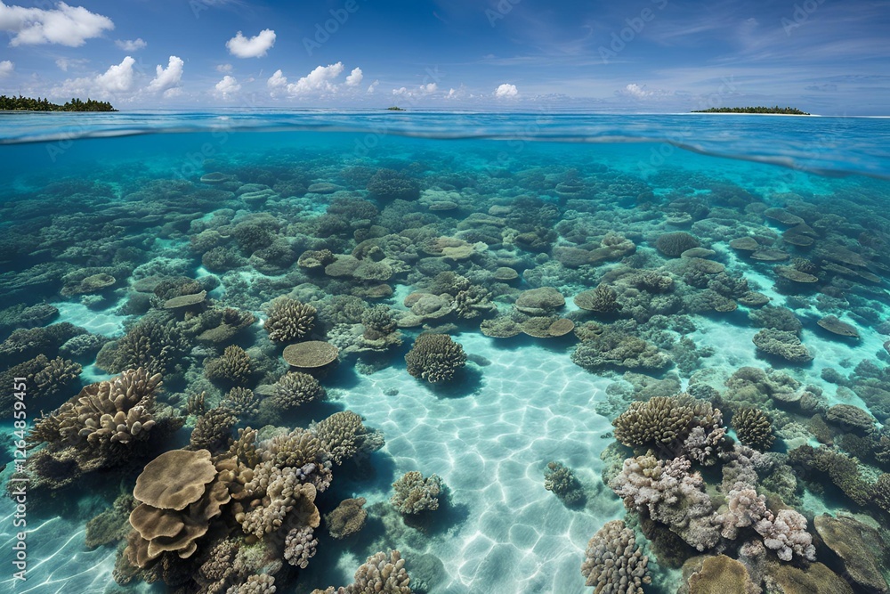 Fototapeta premium A coral atoll, with hues of blue revealing marine life in clear lagoon waters.