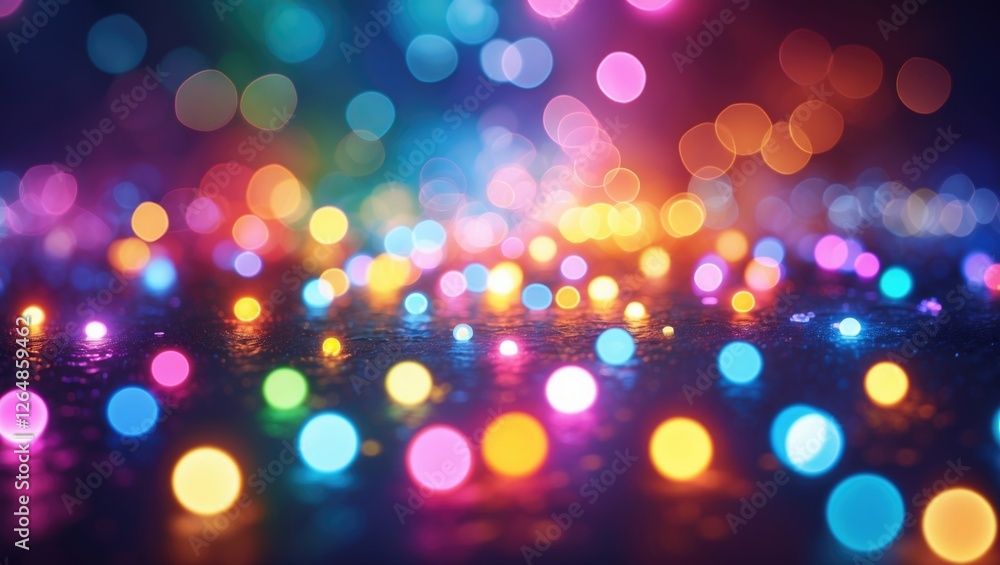 Colorful bokeh lights on a wet surface with vibrant reflections and a blurred background, suitable for festive themes and Copy Space. Colorful bokeh lights on a wet surface with vibrant reflections and a blurred background, suitable for festive themes and Copy Space.