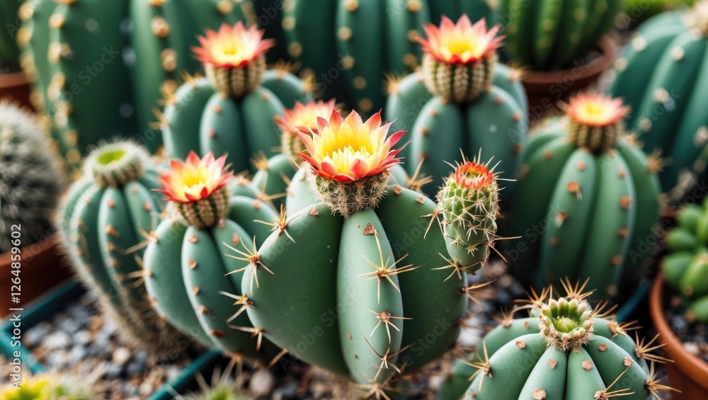 Colorful blooming cacti in a greenhouse setting with vibrant flowers and spiky details surrounded by gravel and pots Copy Space Colorful blooming cacti in a greenhouse setting with vibrant flowers and spiky details surrounded by gravel and pots Copy Space