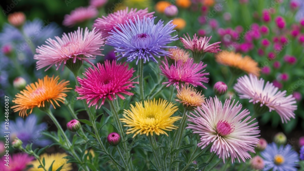 Fototapeta premium Colorful blooming flowers in a garden with various petals and vibrant hues of pink, purple, orange, and yellow Copy Space