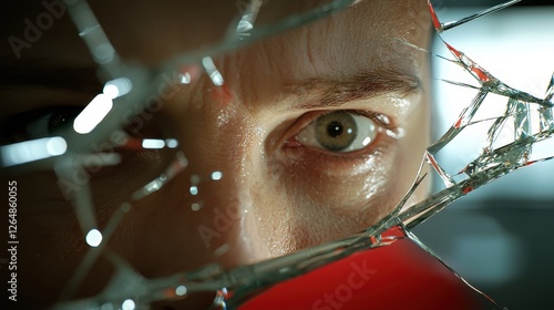 Man with a broken eye looking through shattered glass reflecting a fractured view of the world
