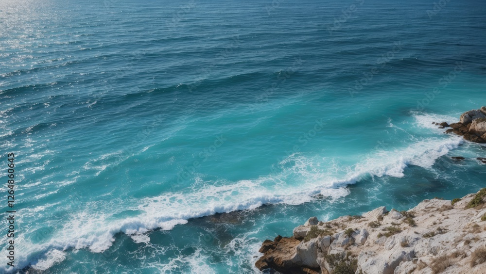 Aerial view of turquoise ocean waves crashing on rocky shoreline under clear blue skies with natural landscape and copy space Aerial view of turquoise ocean waves crashing on rocky shoreline under clear blue skies with natural landscape and copy space