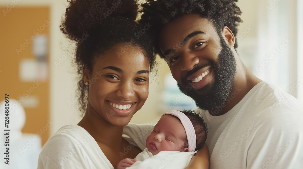 Fototapeta premium Couple Holding Their Adopted Baby for the First Time in Hospital Room