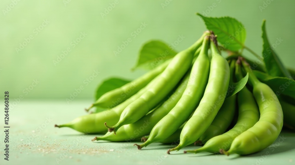 A vibrant cluster of fresh, green broad beans, nestled amongst lush foliage, rests on a pale green surface, showcasing their healthy, natural vibrancy. A vibrant cluster of fresh, green broad beans, nestled amongst lush foliage, rests on a pale green surface, showcasing their healthy, natural vibrancy.