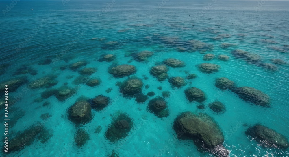 Fototapeta premium Aerial view of clear turquoise waters with submerged rocks and stones in a tranquil ocean environment, Copy Space.