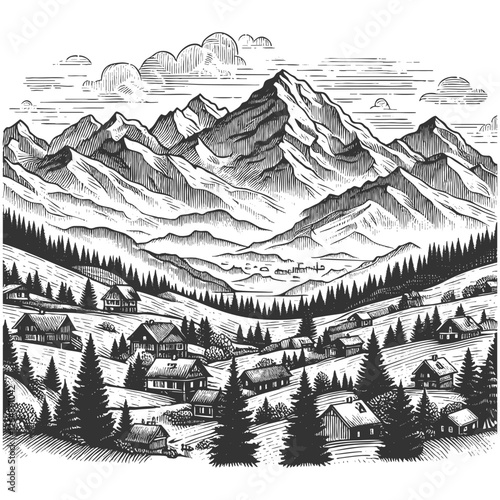 majestic mountain landscape with a dense pine forest in the foreground sketch engraving generative ai fictional character vector illustration. Scratch board imitation. Black and white image.