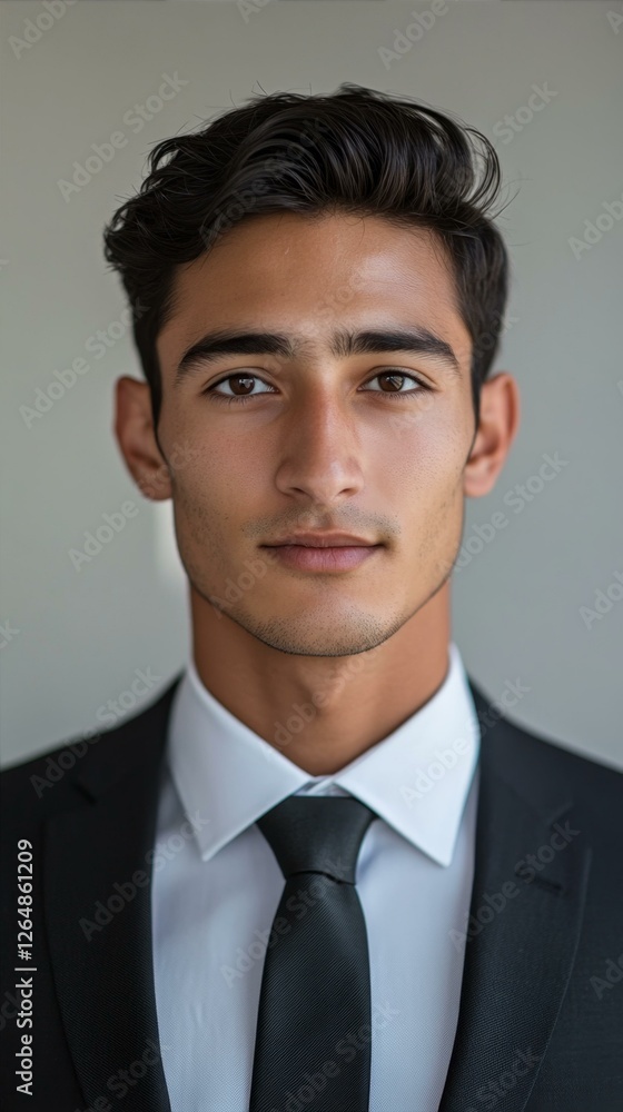 Confident Young Businessman Posing for Professional Portrait in a Formal Suit and Tie Indoors Confident Young Businessman Posing for Professional Portrait in a Formal Suit and Tie Indoors