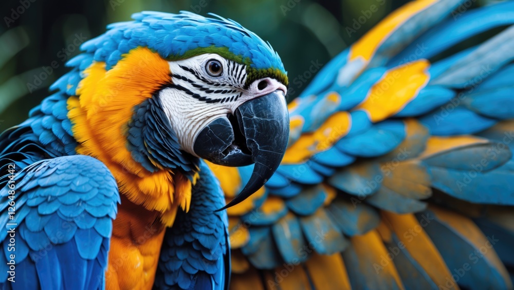 Obraz premium Colorful macaw parrot with vibrant blue and yellow plumage displaying intricate feather details in natural setting