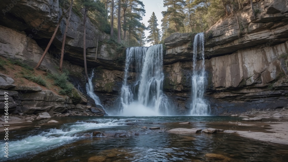Obraz premium Waterfall cascading over rocky cliffs surrounded by tall trees and flowing river with clear water at the base Copy Space