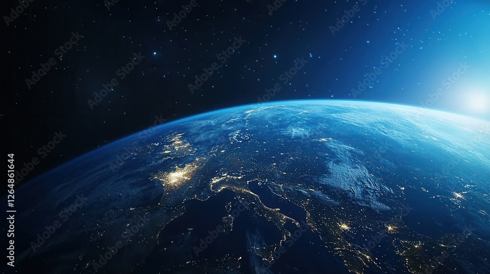 Obraz premium Aerial view of earth illuminated at night showcasing city lights and natural landscapes