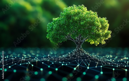 A flourishing green tree growing out of a grid of data lines and nodes, illustrating the rapid growth of an internet startup, digital innovation photo