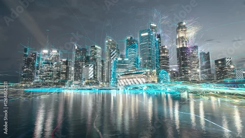 Smart digital city skyline concept. Communication network. Artificial Intelligence technology, digital city, 5g networks