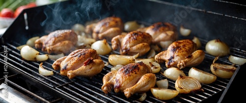 Grilled chicken and onions on barbecue grill with smoke rising copysapce for text placement photo